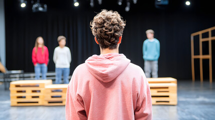 group of teens rehearsing play in small theater, showcasing teamwork and creativity