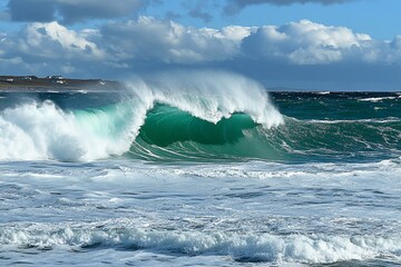 Fototapeta premium Dramatic ocean wave crashing near coast, cloudy sky, ideal for nature themes
