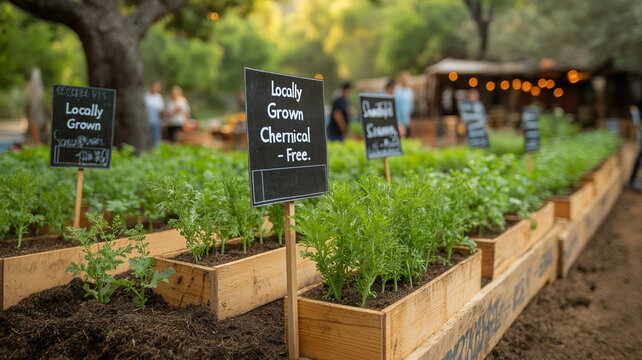 Raised wooden garden beds filled with chemical-free, locally grown plants, labeled with signs, at an outdoor farmers' market.
