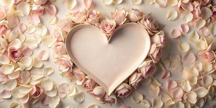 Heart-shaped frame surrounded by delicate pink roses and petals, perfect for romantic designs and wedding invitations