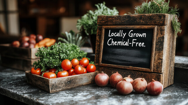 Wooden crates filled with fresh tomatoes, parsley, onions, and herbs, alongside a sign promoting locally grown, chemical-free produce.