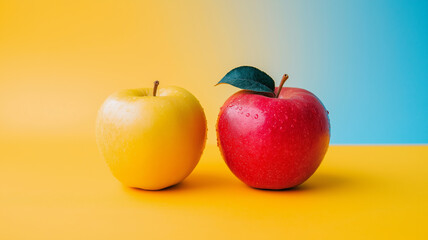 Minimalist composition featuring a red and yellow apple with water droplets, set against a vibrant yellow-to-blue gradient backdrop.