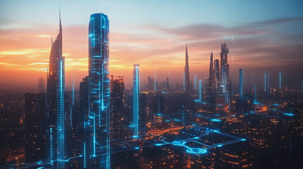 Fototapeta premium Smart Innovation city with connection cyber security network reciprocity over the sunset cityscape future wireless digital city and social media networking systems that connects people in the city