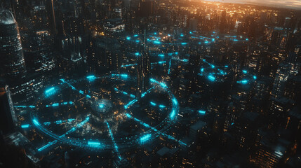 Obraz premium Smart Innovation city with connection cyber security network reciprocity over the sunset cityscape future wireless digital city and social media networking systems that connects people in the city
