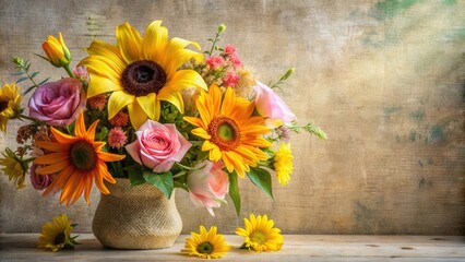 Vibrant sunflowers and roses in a rustic vase, a beautiful floral arrangement on a wooden surface against a textured background
