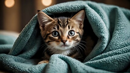 Adorable tabby kitten peeking from under a soft teal blanket, cozy and warm. Perfect for pet, comfort, and home themes.