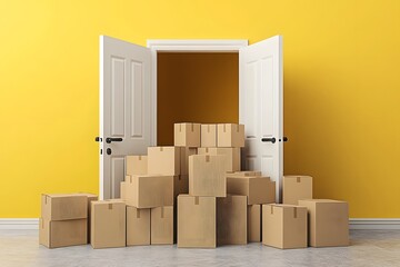 Stacked cardboard boxes near an open yellow door, moving or delivery concept with vibrant color
