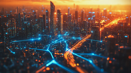 Fototapeta premium Smart Innovation city with connection cyber security network reciprocity over the sunset cityscape future wireless digital city and social media networking systems that connects people in the city