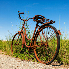 Naklejka premium rusty old bicycle in a field of green grass under a blue sky