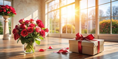 Fototapeta premium Romantic gift presentation with red roses and a wrapped present in a sunlit room
