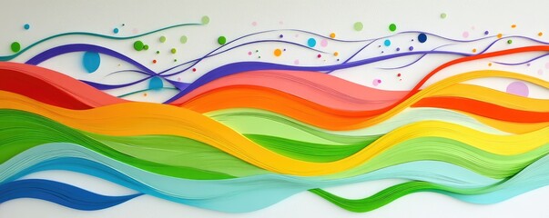 A colorful abstract design featuring flowing waves and playful dots.
