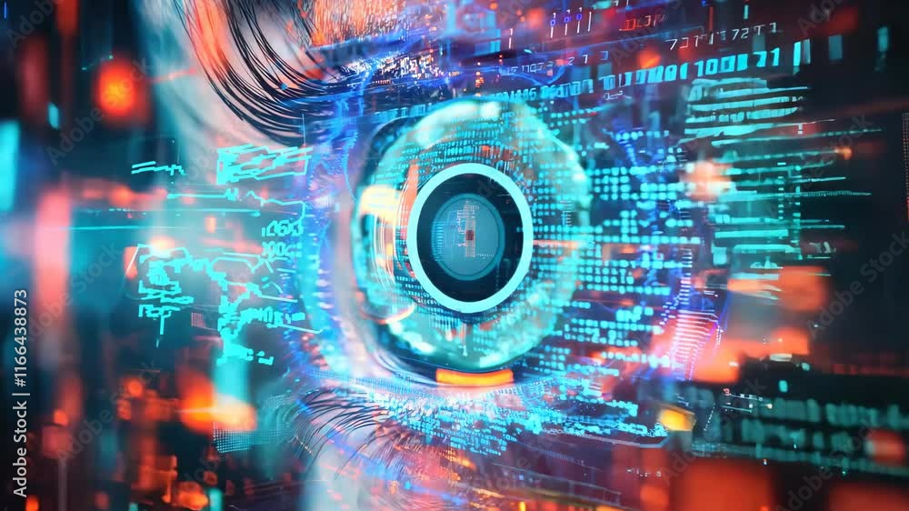 Poster futuristic digital eye vibrant fusion of technology, artificial intelligence, and data streams for e