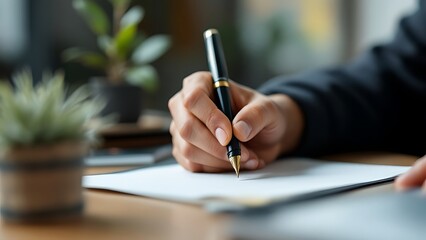 The businessman signs the document with Green World next to him. manages business documents agreements and approves Green business companies with eco-friendly waste management regulation concepts.