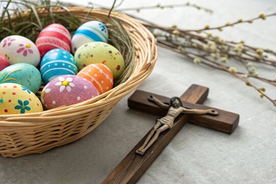 Basket of colorful Easter eggs and wooden cross. Religious and festive holiday