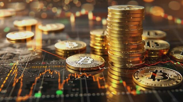 A captivating close-up of gleaming Bitcoin stacks rising against a dynamic backdrop of financial charts, symbolizing cryptocurrency investment and potential wealth.