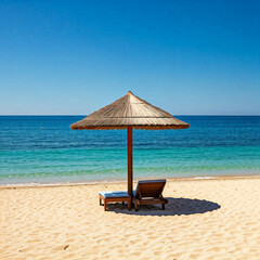 beach umbrella and lounge chairs on sandy beach with blue ocean and sky in greece