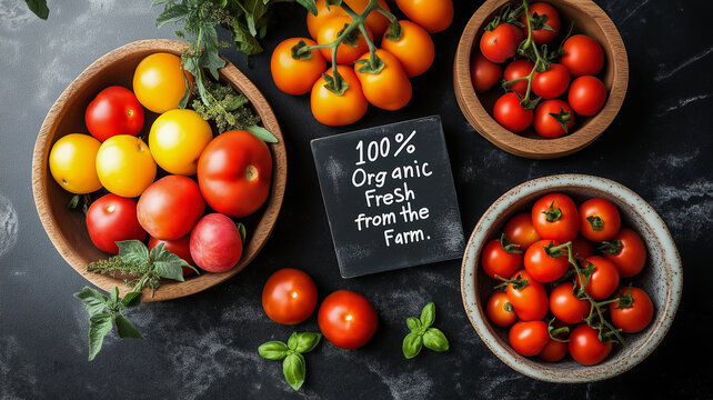 An assortment of red and yellow tomatoes displayed in wooden and ceramic bowls with a sign reading "100 percent Organic Fresh from the Farm."