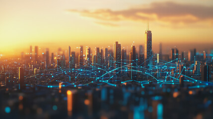 Fototapeta premium Smart Innovation city with connection cyber security network reciprocity over the sunset cityscape future wireless digital city and social media networking systems that connects people in the city