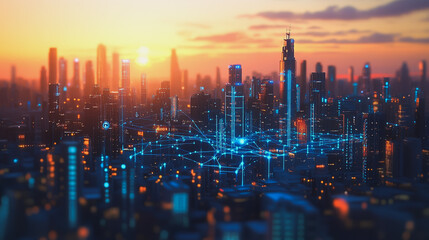 Fototapeta premium Smart Innovation city with connection cyber security network reciprocity over the sunset cityscape future wireless digital city and social media networking systems that connects people in the city