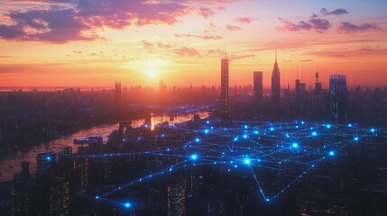 Fototapeta premium Smart Innovation city with connection cyber security network reciprocity over the sunset cityscape future wireless digital city and social media networking systems that connects people in the city