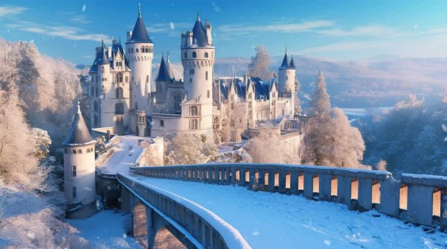 Majestic castle with a stone bridge in a snowy winter landscape at dusk  
Seamless looping 4k time-lapse virtual video animation Generated AI