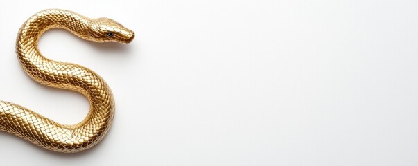 Fototapeta premium A golden snake is coiled elegantly on a white surface, showcasing its smooth texture and shimmering scales.