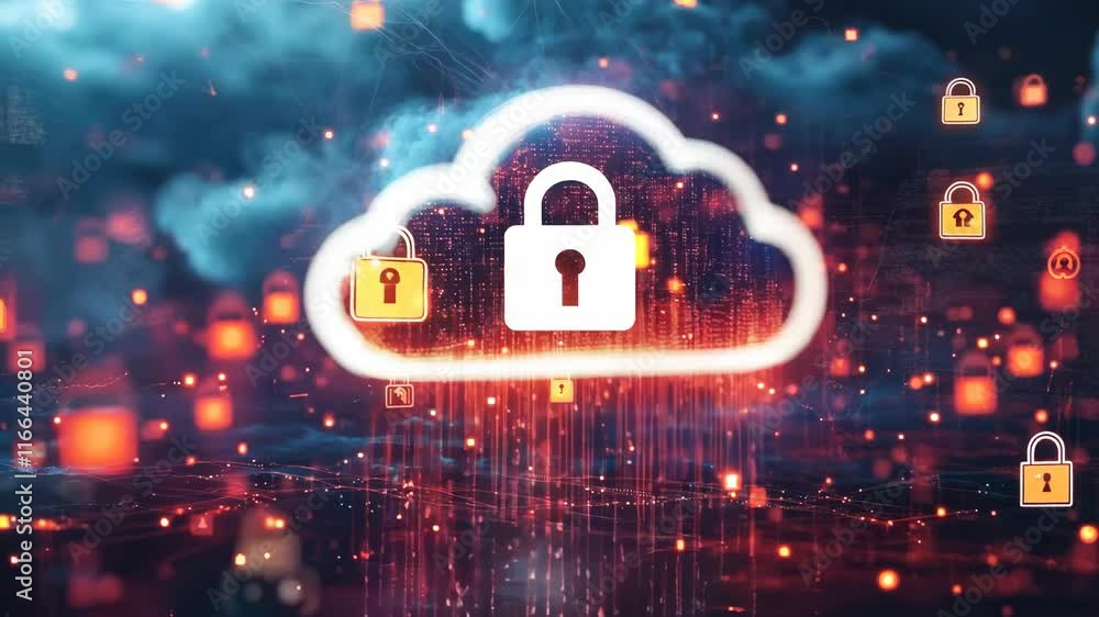 Poster cloud security protecting data with digital locks and innovative technology for safe network storage