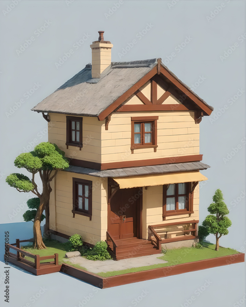 Poster 3d rendering of a country house in isometric projection on gray background