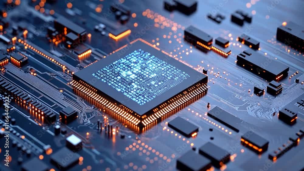 Poster glowing computer chip , a blue digital abstract technology background . a visual representation of t