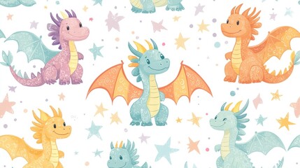 Adorable Baby Dragons Pattern: A whimsical illustration featuring cute baby dragons with pastel wings and stars, perfect for children's apparel, textiles, or home decor.