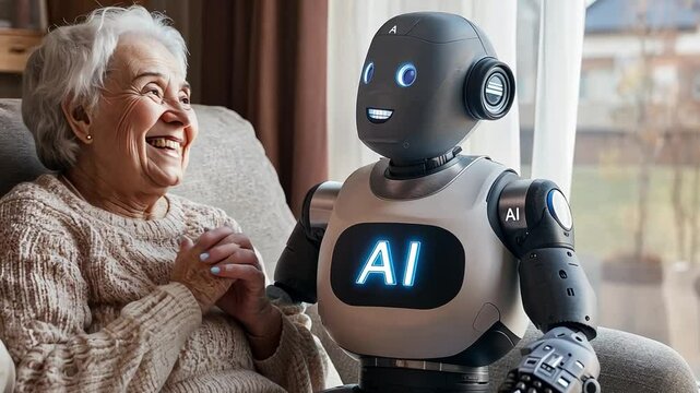 friendly robot is sitting next to an elderly person in the living room and talking about something. The text "AI" appears on chest of robot ,generative ai	