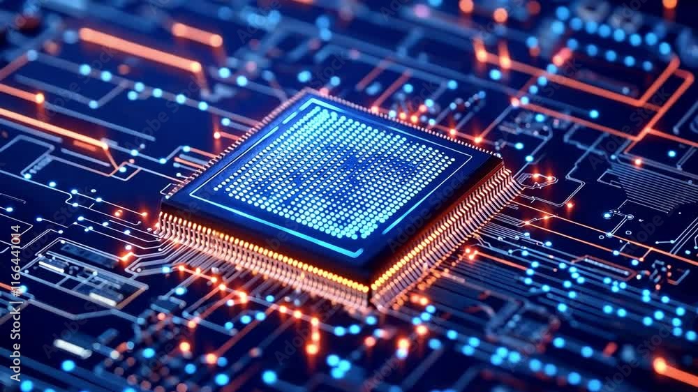 Poster glowing computer chip , a blue digital abstract technology background . a visual representation of t