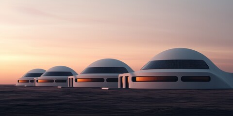 Futuristic domed structures stand in a serene landscape under a colorful sunset, suggesting advanced architecture and a harmonious environment.