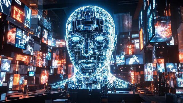 A humanoid robot is surrounded by mathematical formulas and equations, symbolizing the use of AI in math and physics. The background features digital screens , generative ai
