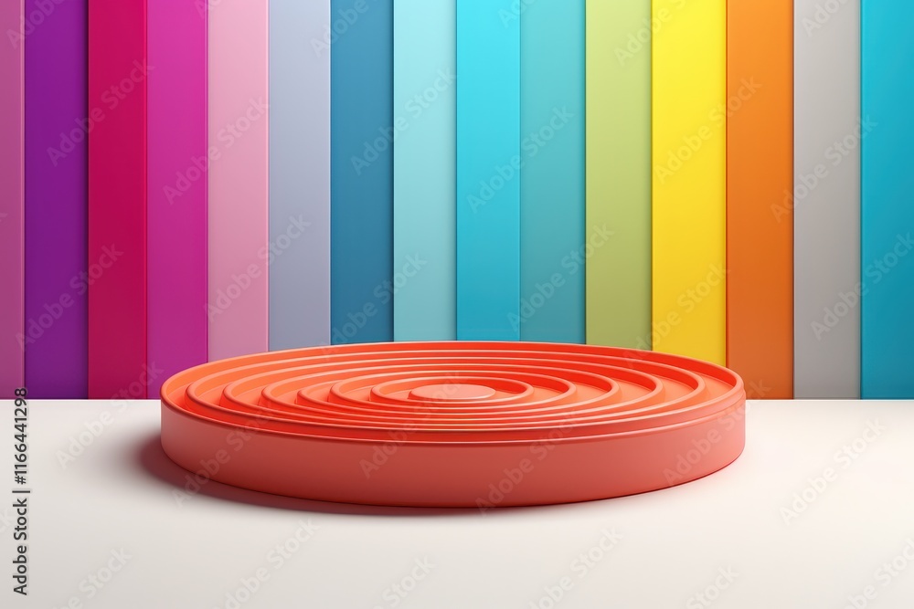Poster vibrant circular object on minimalist background with colorful vertical stripes in a modern design s