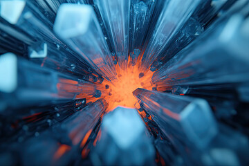 Crystalline structures erupting from lava volcanic landscape digital art surreal environment aerial view abstract concept