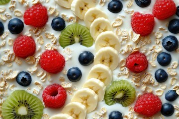 Obraz premium Yogurt with banana, kiwi, raspberry, and blueberries. Perfect for a healthy and delicious breakfast or snack.