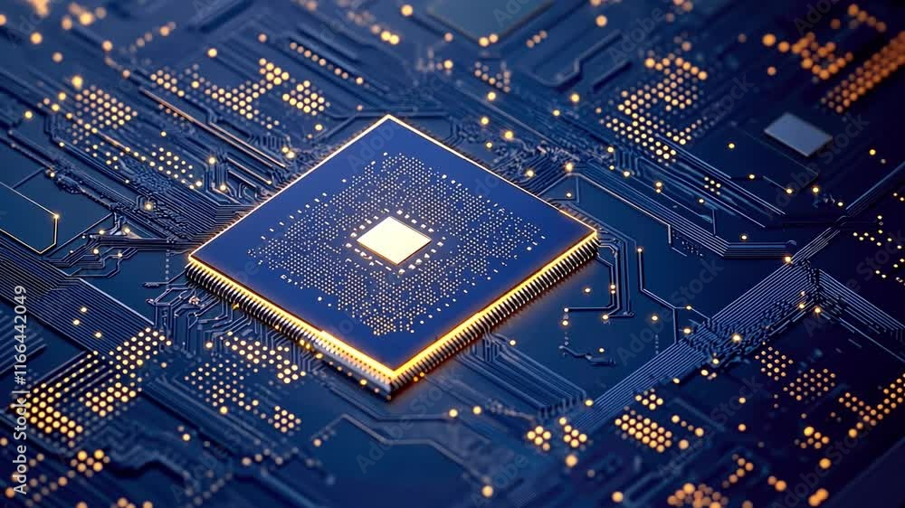 Aufkleber glowing computer chip , a blue digital abstract technology background . a visual representation of t
