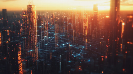 Fototapeta premium Smart Innovation city with connection cyber security network reciprocity over the sunset cityscape future wireless digital city and social media networking systems that connects people in the city