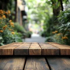 Wooden Tabletop with Blurred City Park Background
