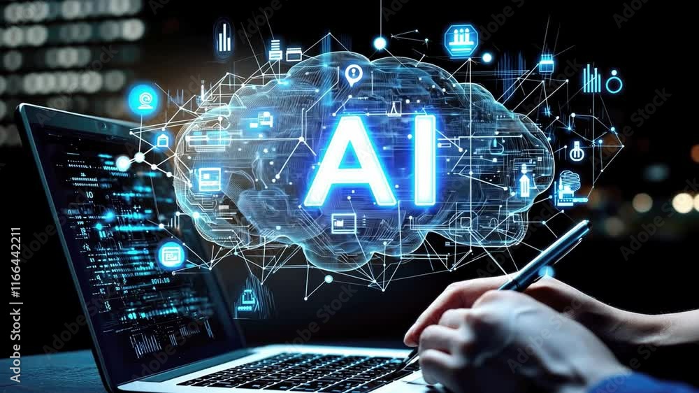 Poster artificial intelligence technology for trading and market analysis on a tablet with a chart. the tex