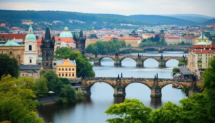 Obraz premium Stone Bridges Crossing Vltava River in Prague Cityscape with Green Trees