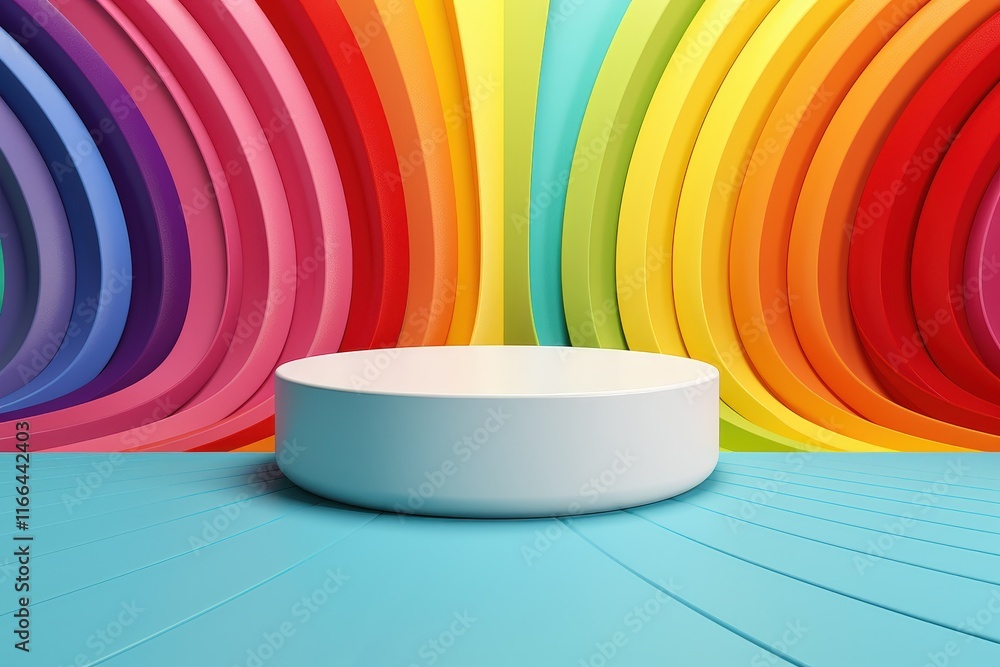 Poster vibrant rainbow colorful background with circular display platform for product photography and creat