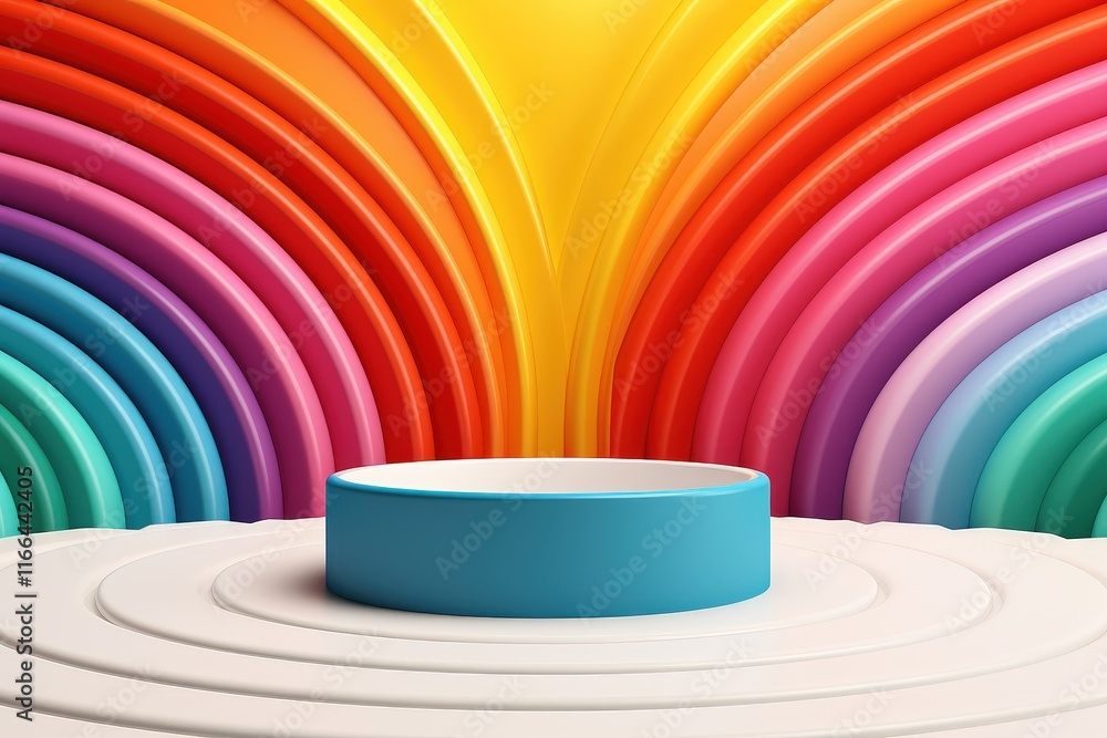 Poster colorful abstract background with textured waves and circular platform for product display in vibran