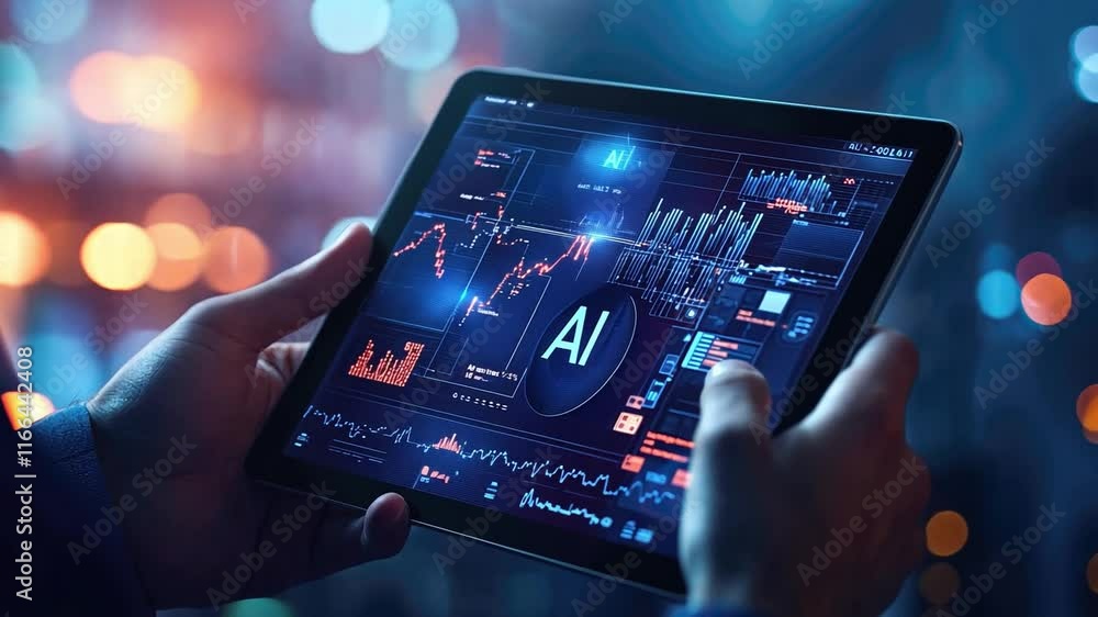 Poster artificial intelligence technology for trading and market analysis on a tablet with a chart. the tex