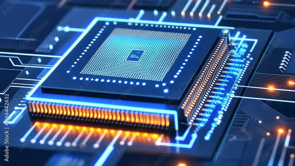 Poster glowing computer chip , a blue digital abstract technology background . a visual representation of t