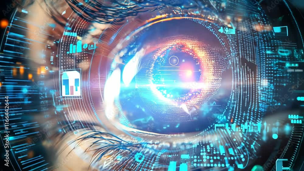 Poster futuristic digital eye vision of innovation with glowing circuits and data streams, merging technolo