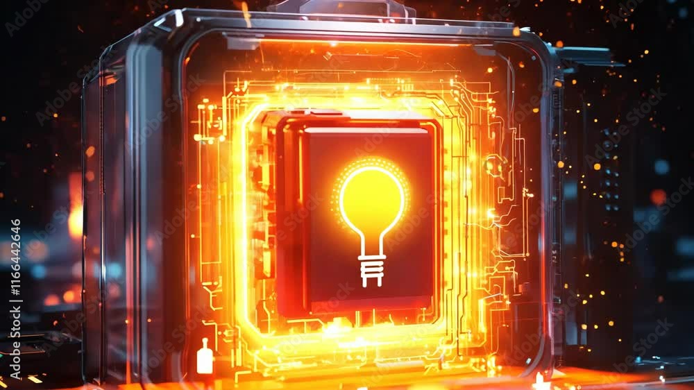 Poster futuristic glowing light bulb icon in high tech container, surrounded by vibrant circuitry and digit