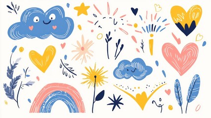 Whimsical Doodle Collection: Happy Clouds, Hearts, and Rainbow