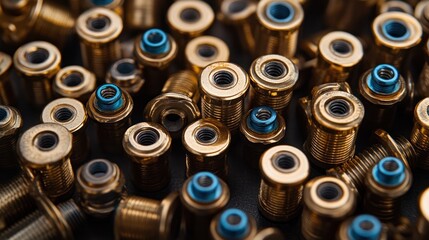 Close-up of metallic components with blue accents.